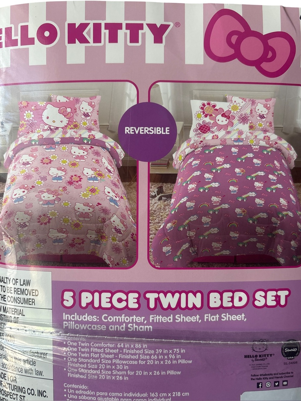 Hello Kitty Rainbow Garden Girls 5 Pc Pink Reversible Comforter Sheets Set Twin - Picture 5 of 11